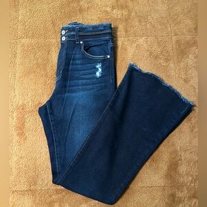 Kancan Dark Blue Flared Jeans with Distressed Detail